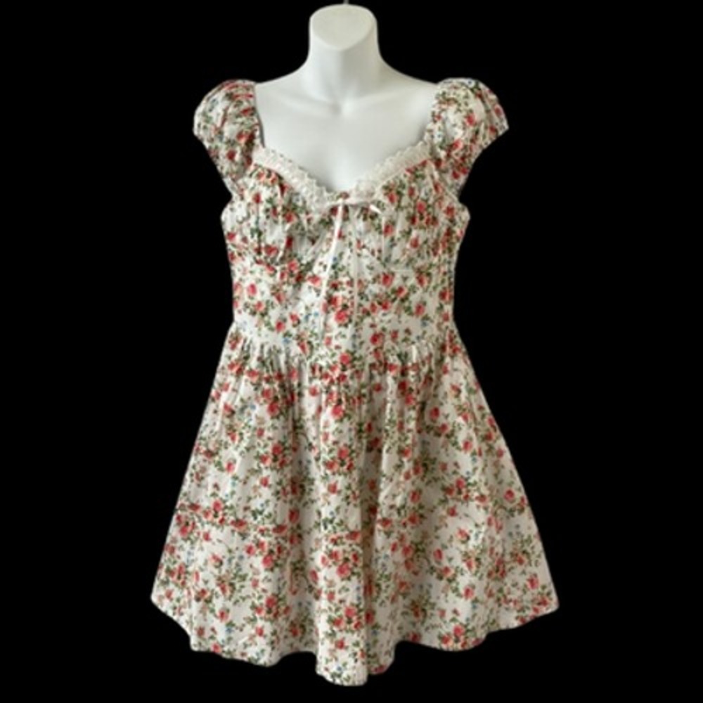 Mixed Threads Babydoll Milkmaid Floral Dress L Pink Lace Trim Cottagecore NWT